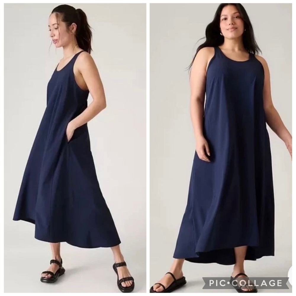 Athleta Presidio Dress Navy Blue Racerback High Low Midi Pockets Womens Size M
